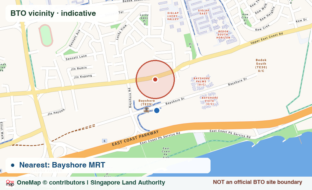 OneMap view around Bayshore Road and Bayshore MRT; illustrative vicinity not exact BTO boundary