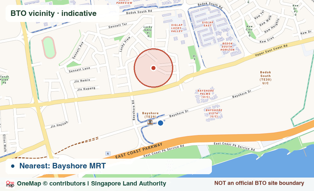 Real OneMap Singapore street map of Bayshore / East Coast, with indicative BTO vicinity and nearby MRT station; not an official land parcel boundary