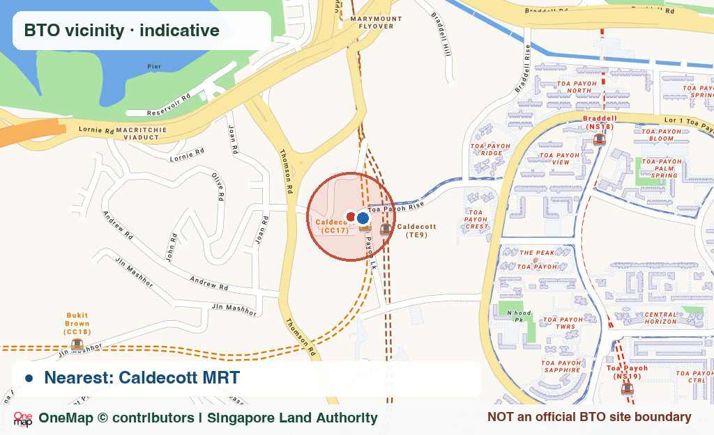 Real OneMap Singapore street map of Toa Payoh West, with indicative BTO vicinity and nearby MRT station; not an official land parcel boundary