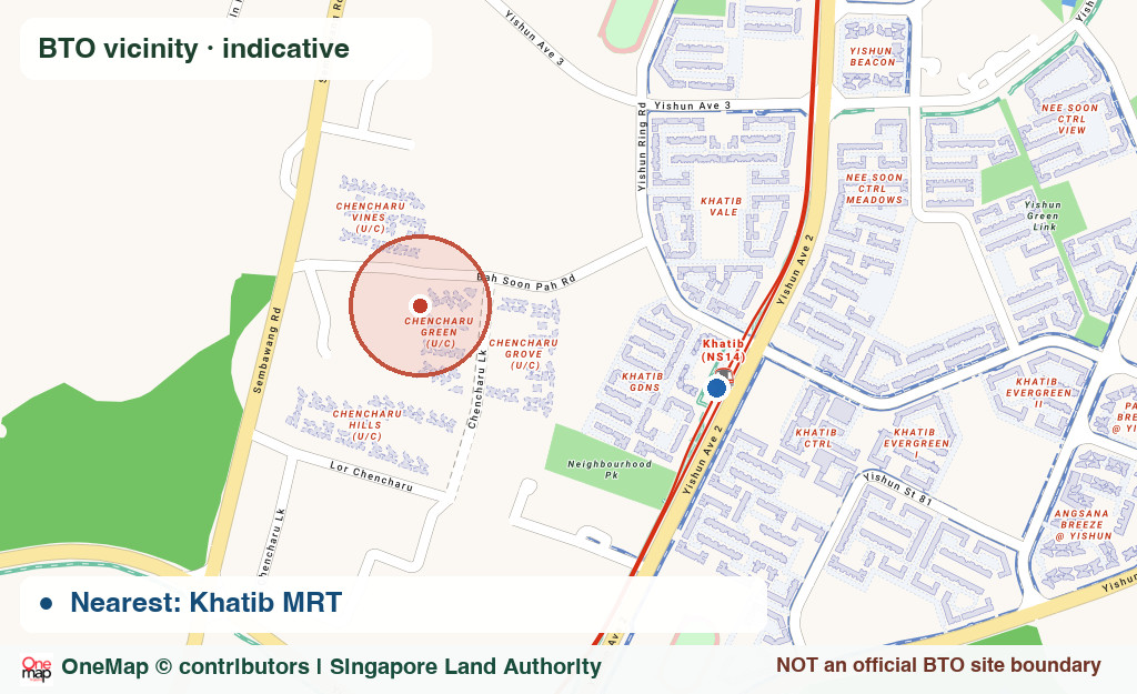 Real OneMap Singapore street map of Near Khatib / Yishun, with indicative BTO vicinity and nearby MRT station; not an official land parcel boundary