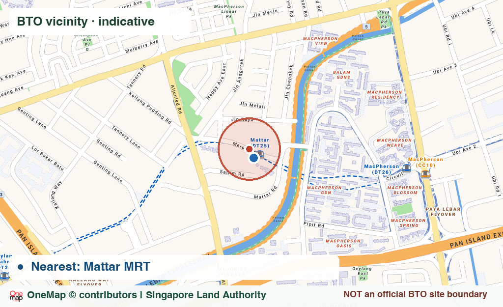 Real OneMap Singapore street map of MacPherson / Mattar, with indicative BTO vicinity and nearby MRT station; not an official land parcel boundary
