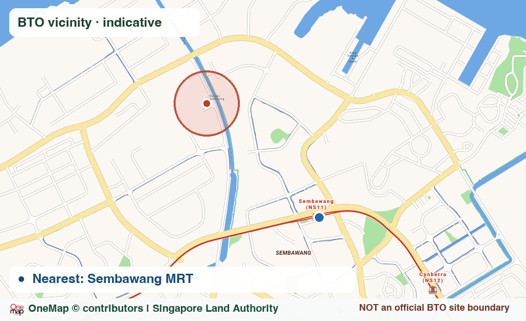 Real OneMap Singapore street map of North Coast / Admiralty Lane, with indicative BTO vicinity and nearby MRT station; not an official land parcel boundary