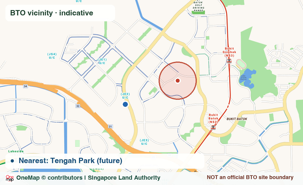 Real OneMap Singapore street map of New west town, with indicative BTO vicinity and nearby MRT station; not an official land parcel boundary