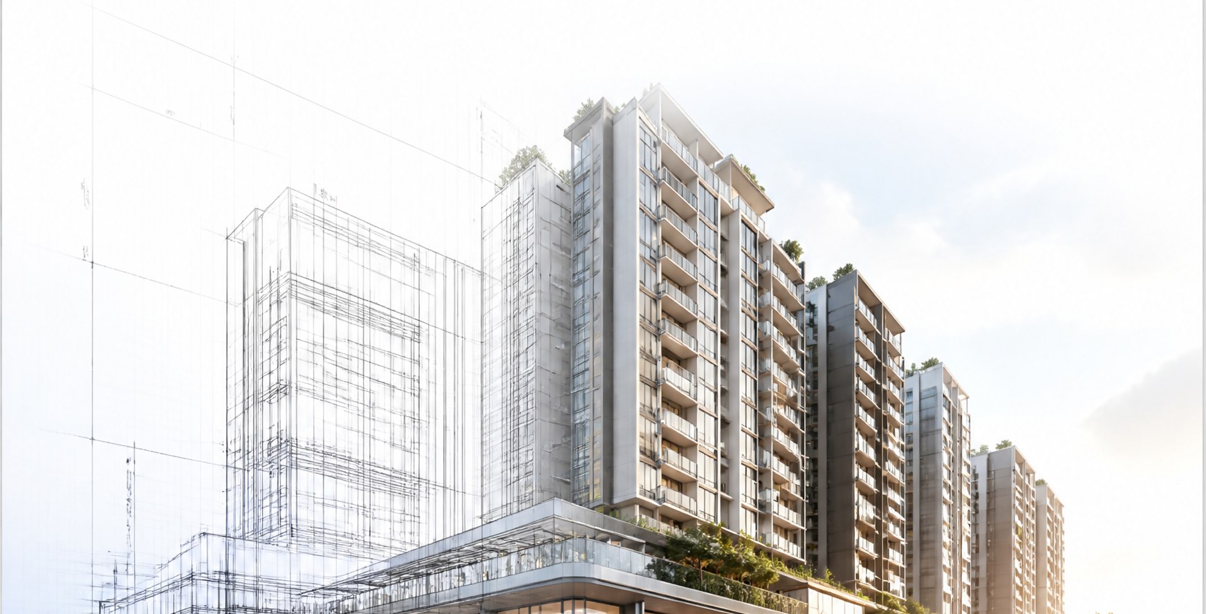 Architectural render of new residential towers in the Caldecott precinct transitioning from blueprint to built form