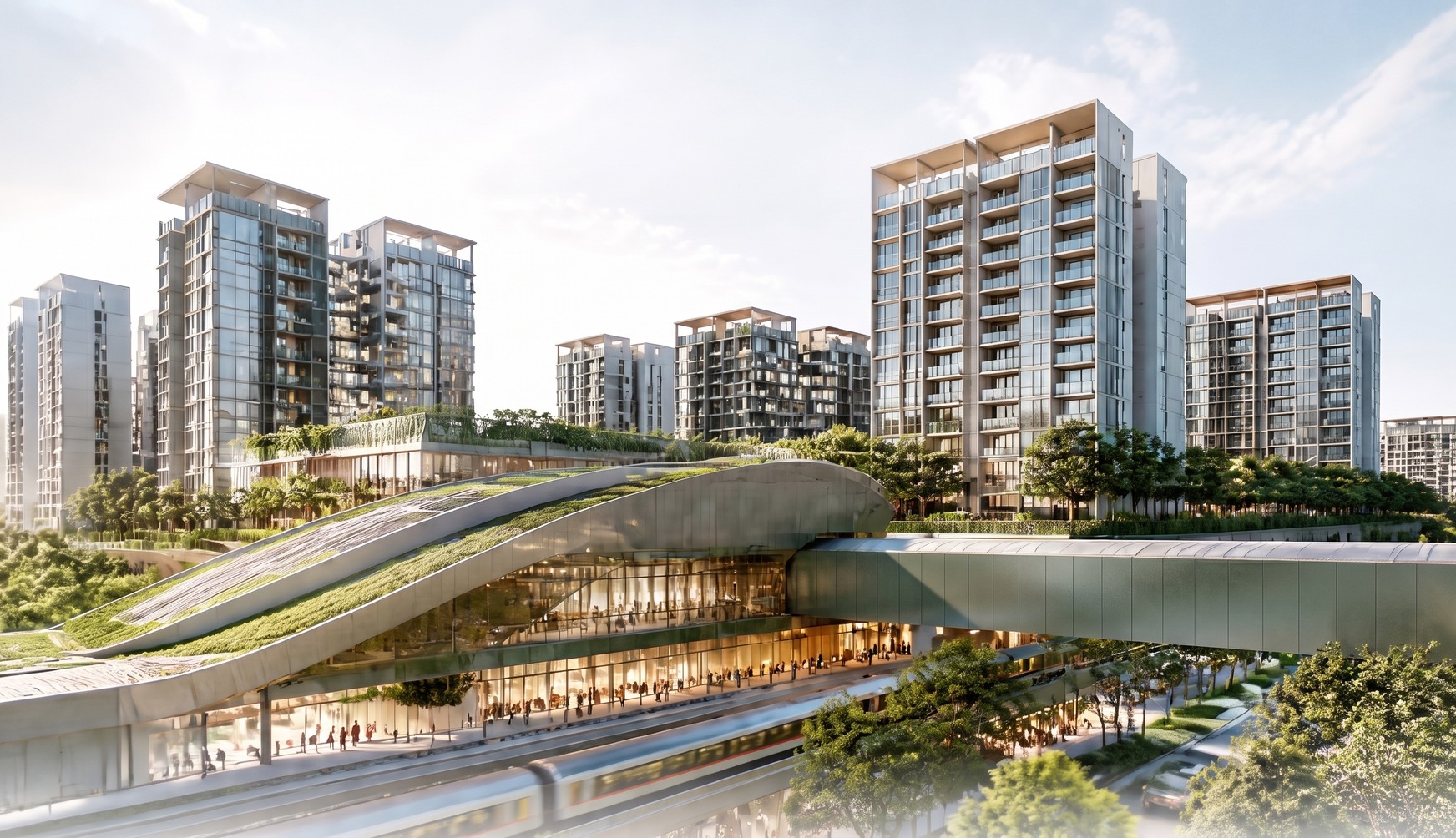 Aerial render of a mixed high-rise residential precinct near Caldecott MRT