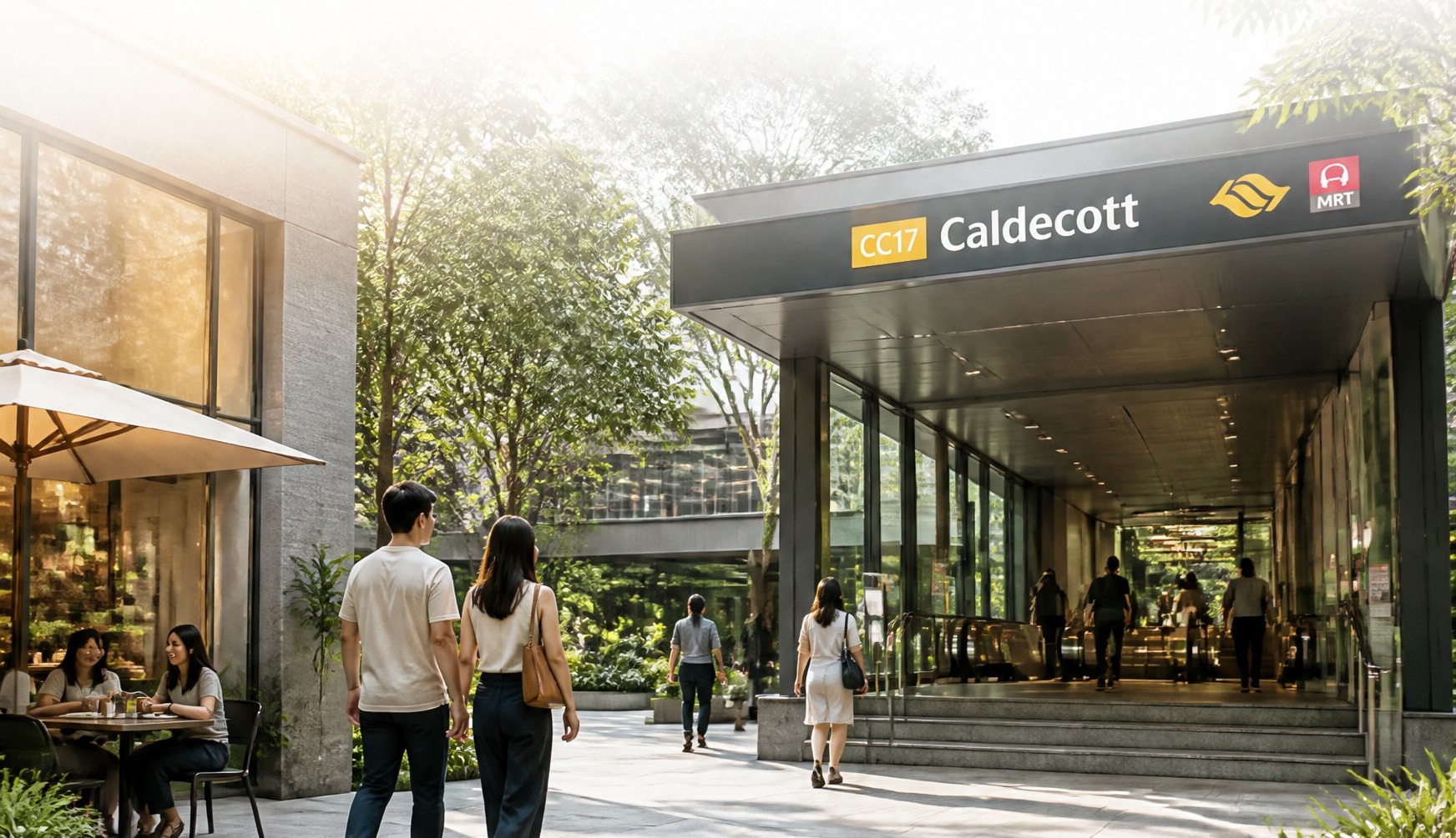 Caldecott MRT station entrance with Circle Line and Thomson-East Coast Line signage