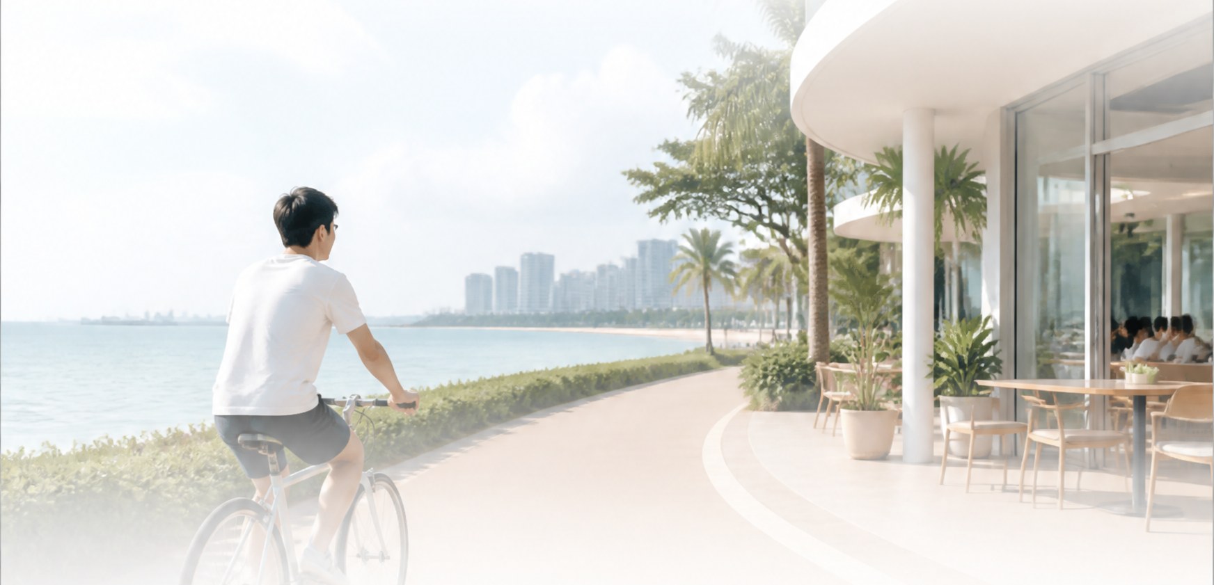 A resident cycling along the East Coast waterfront promenade near Bayshore