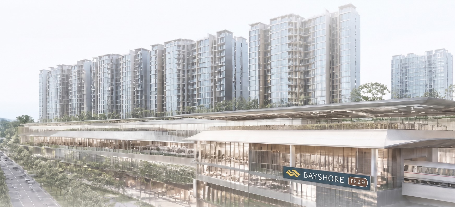 Aerial render of the Bayshore integrated development with MRT signage