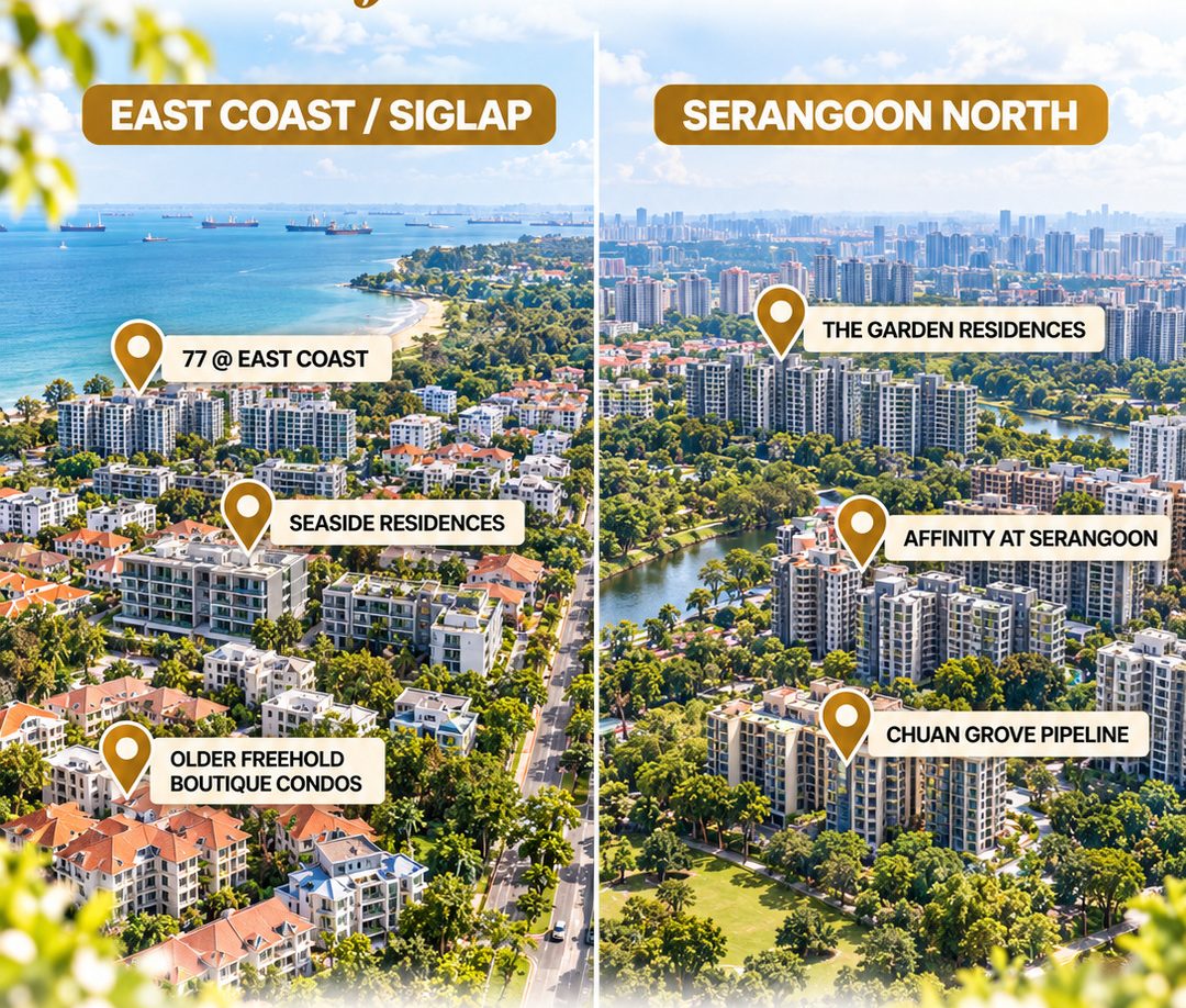 Two aerial views marking existing condominiums around East Coast and Serangoon North that a new site could overlap with