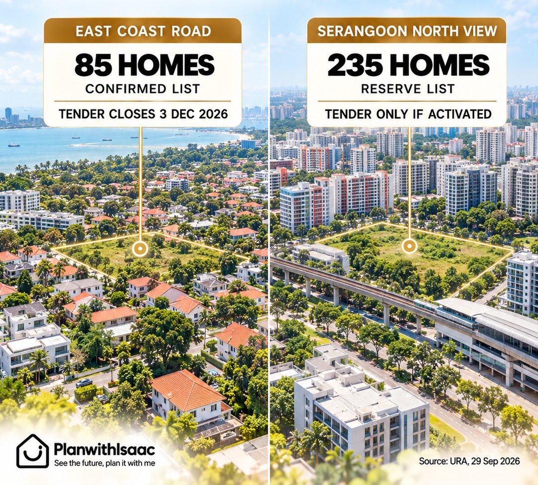 Side-by-side aerial views of the East Coast Road and Serangoon North View sites with the 85 and 235 home yields