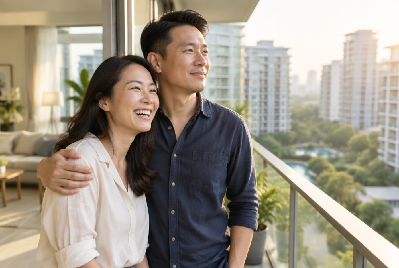 The same couple relaxed on the balcony of their new home in morning light