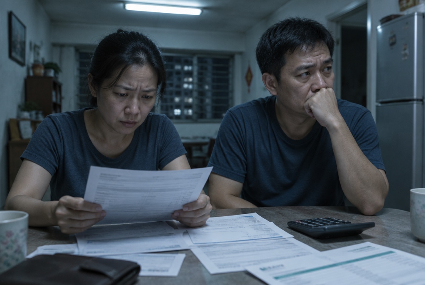A couple at their kitchen table at night, worried, surrounded by CPF and bank statements