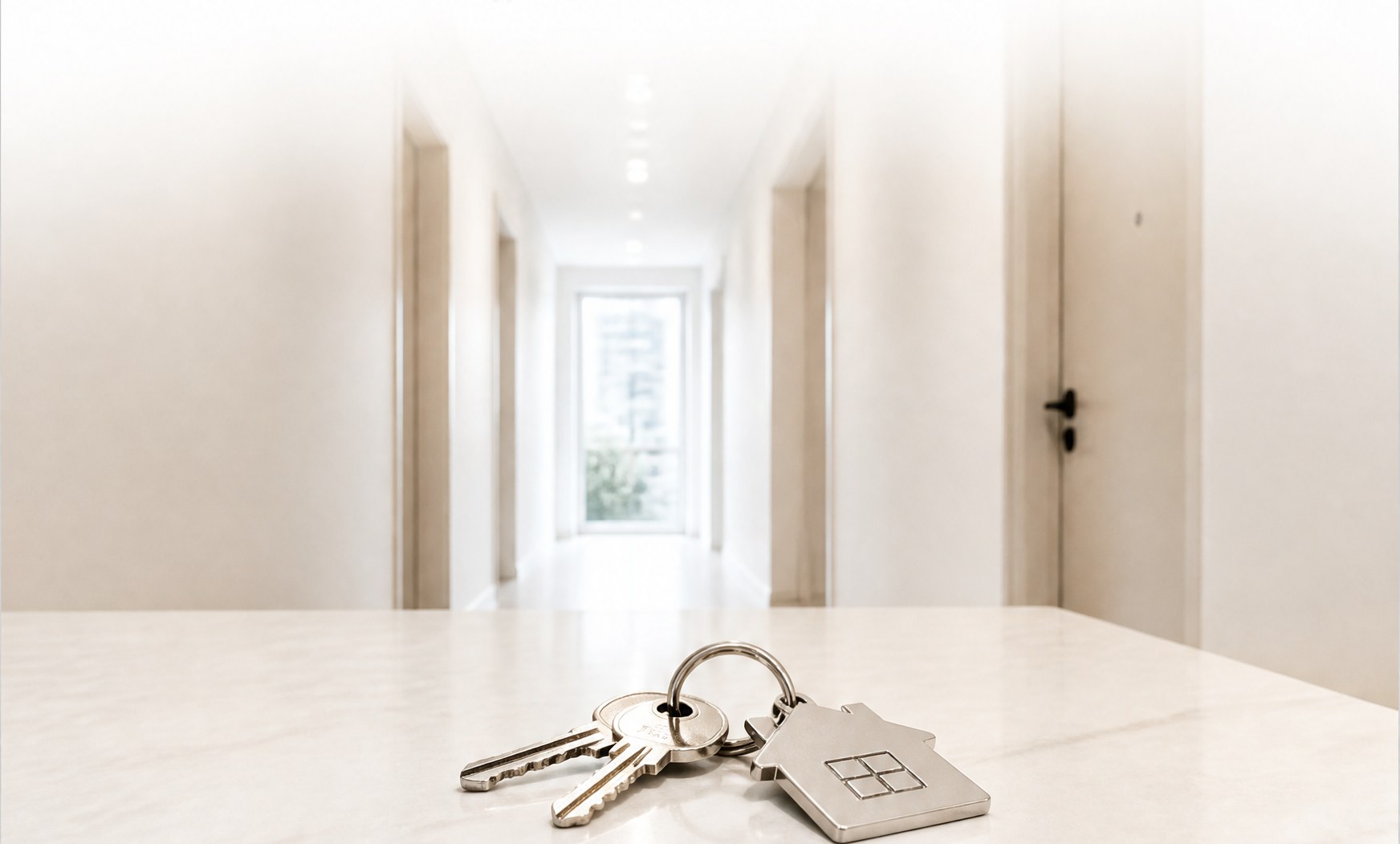 A blurred hallway of an empty flat with house keys on a table