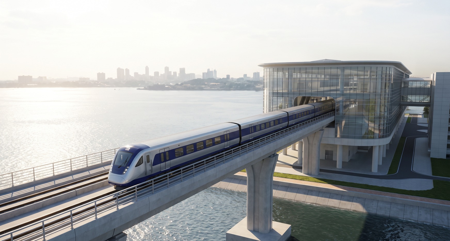 Render of an RTS train crossing toward Woodlands Gateway with the Johor Bahru skyline in view