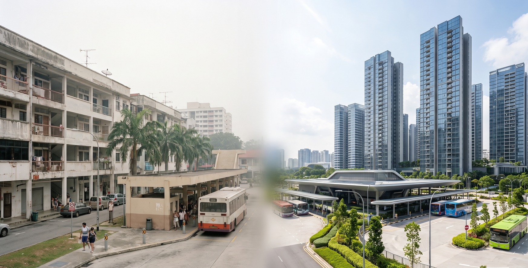 Comparison of an older cityscape and a newer glass-tower skyline representing urban transformation