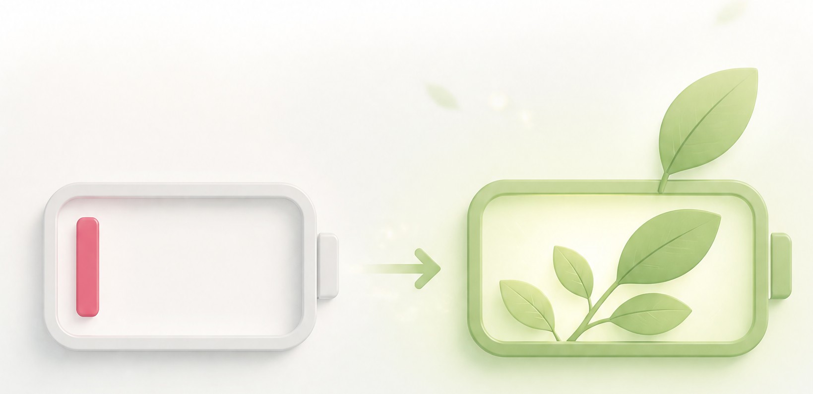 Illustration of a drained red battery transforming into a green battery growing leaves, symbolizing recovery