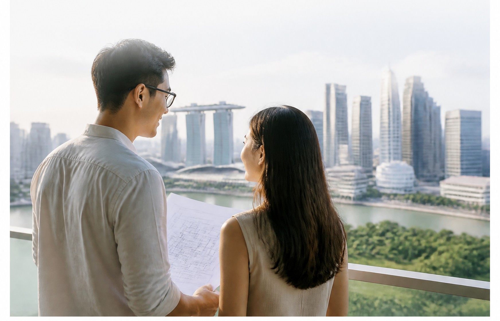 A couple reviewing property plans on a balcony overlooking the Singapore skyline