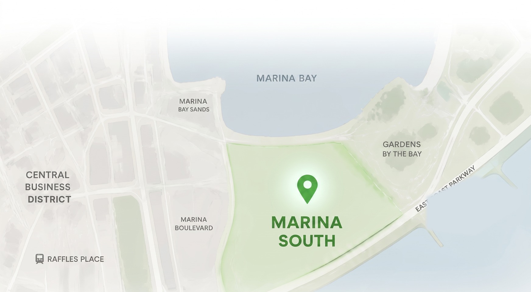 Map showing Marina South's location between Marina Bay Sands, Marina Boulevard, the CBD and Gardens by the Bay