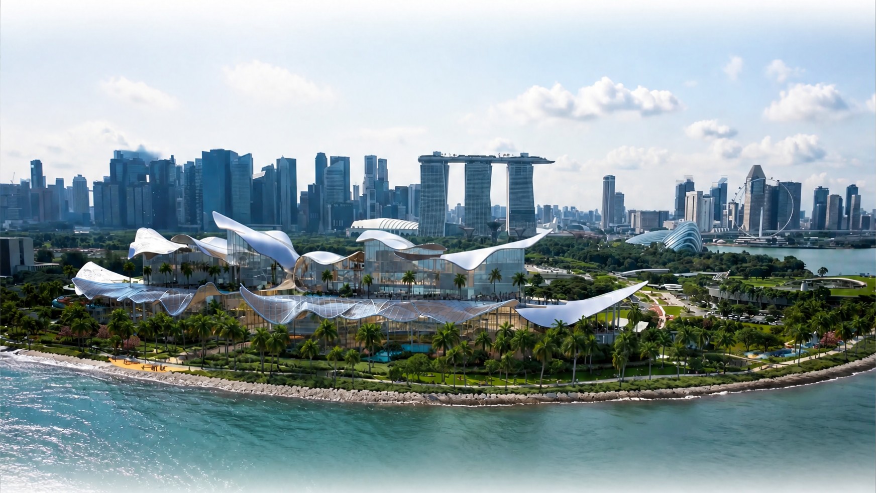 Architectural render of the proposed Marina South wellness attraction against the Singapore CBD skyline