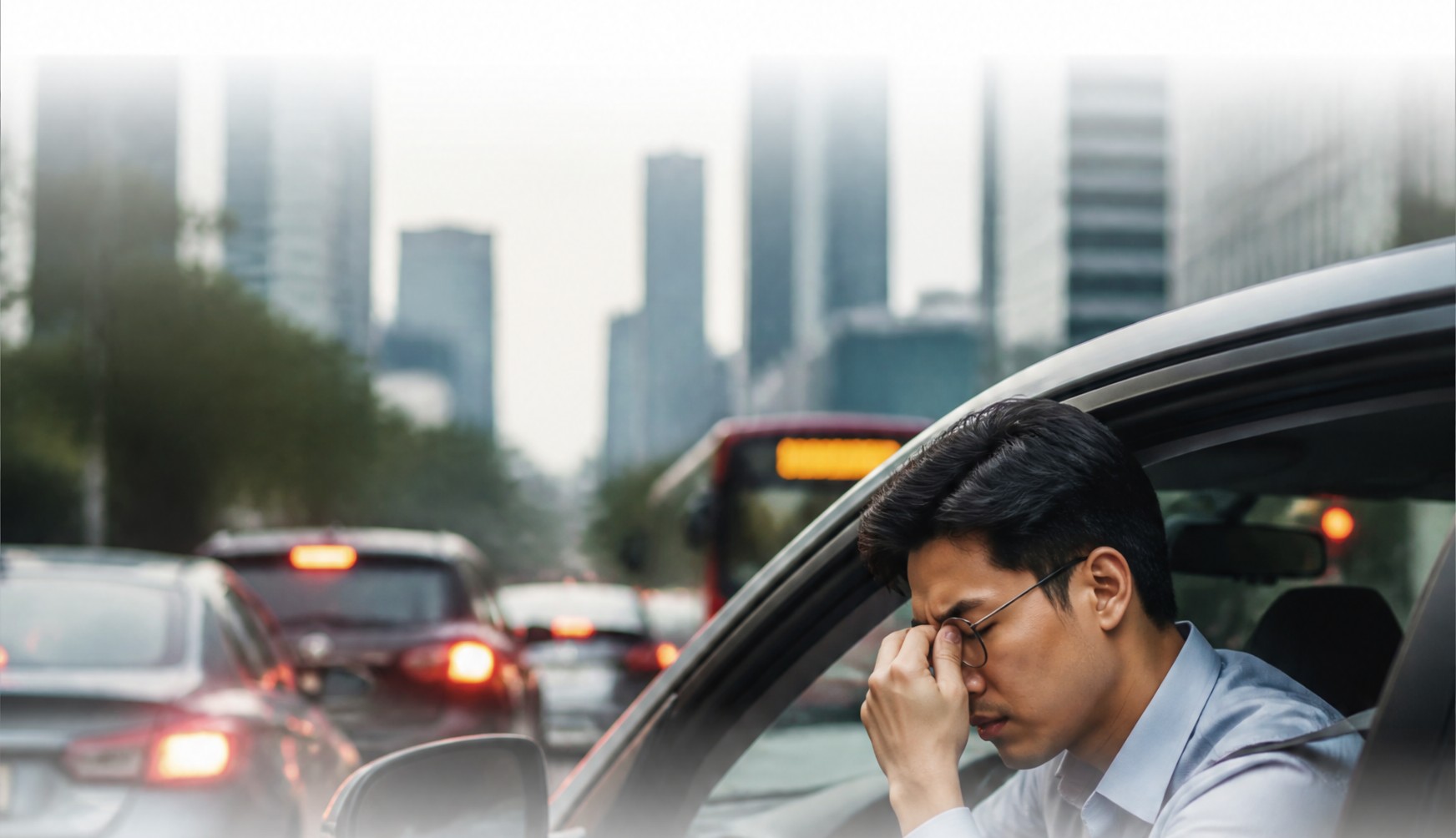A stressed commuter stuck in Singapore CBD traffic, rubbing his eyes
