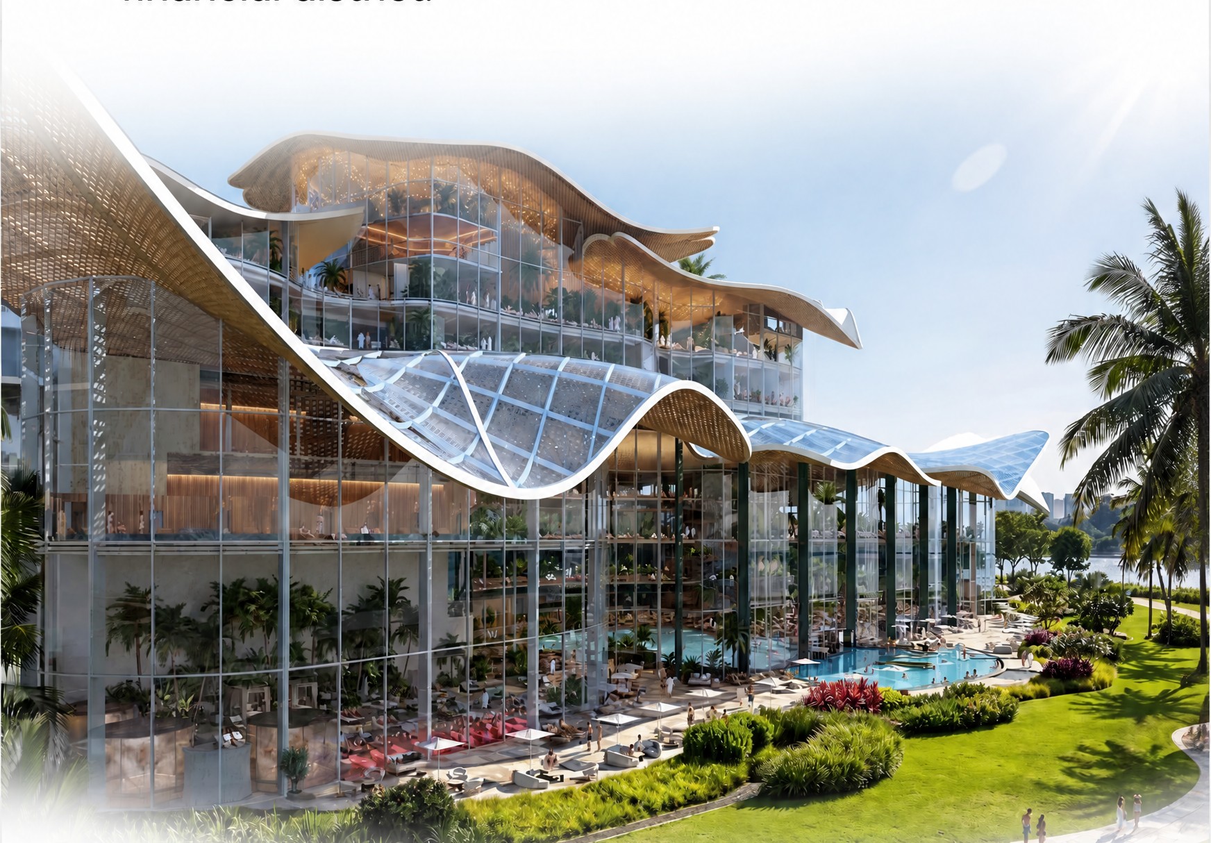 Render of the wave-roofed wellness pavilion planned for Marina South, with glass facades, pools and palm-lined gardens