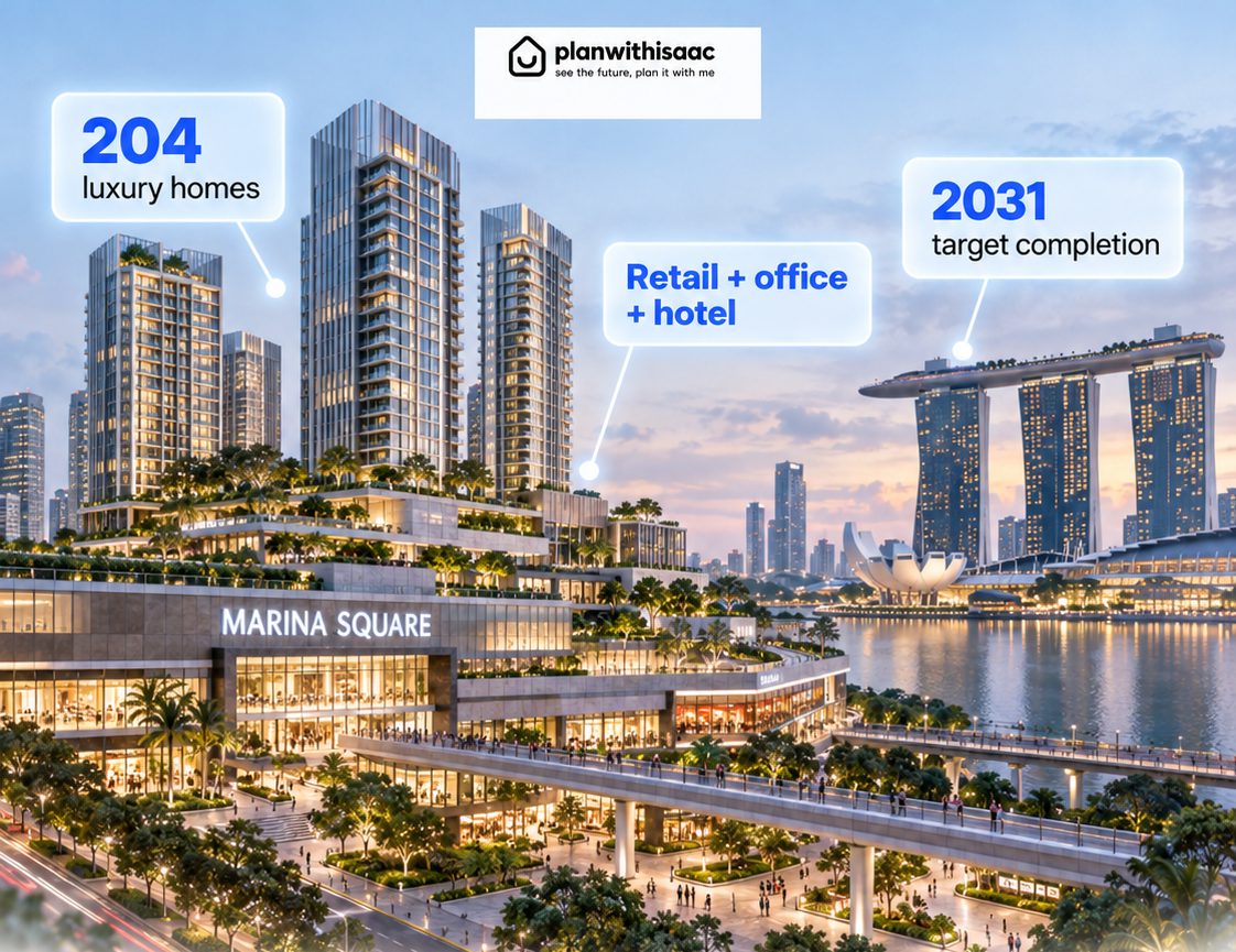 Render of the Marina Square redevelopment with a residential tower above the existing mall