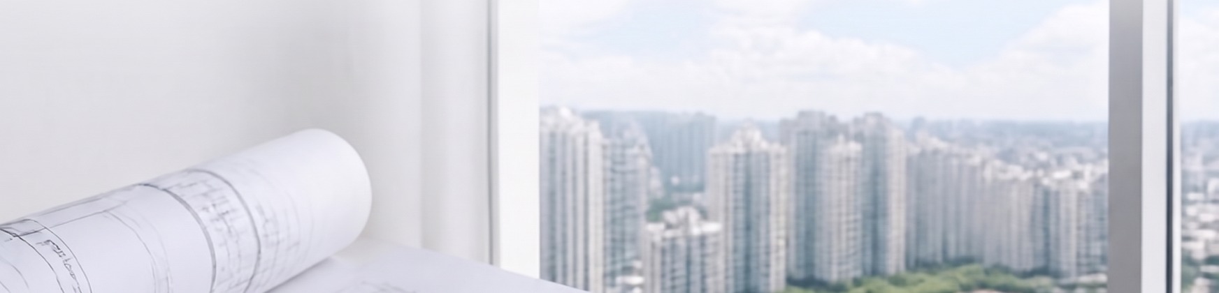 Architectural floor plan on a table with a city skyline view in the background