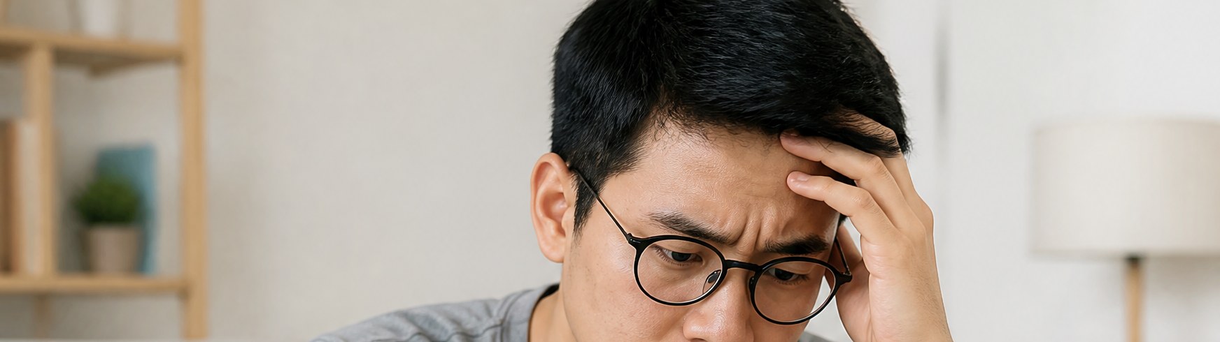 A stressed buyer looking at his phone while seated indoors
