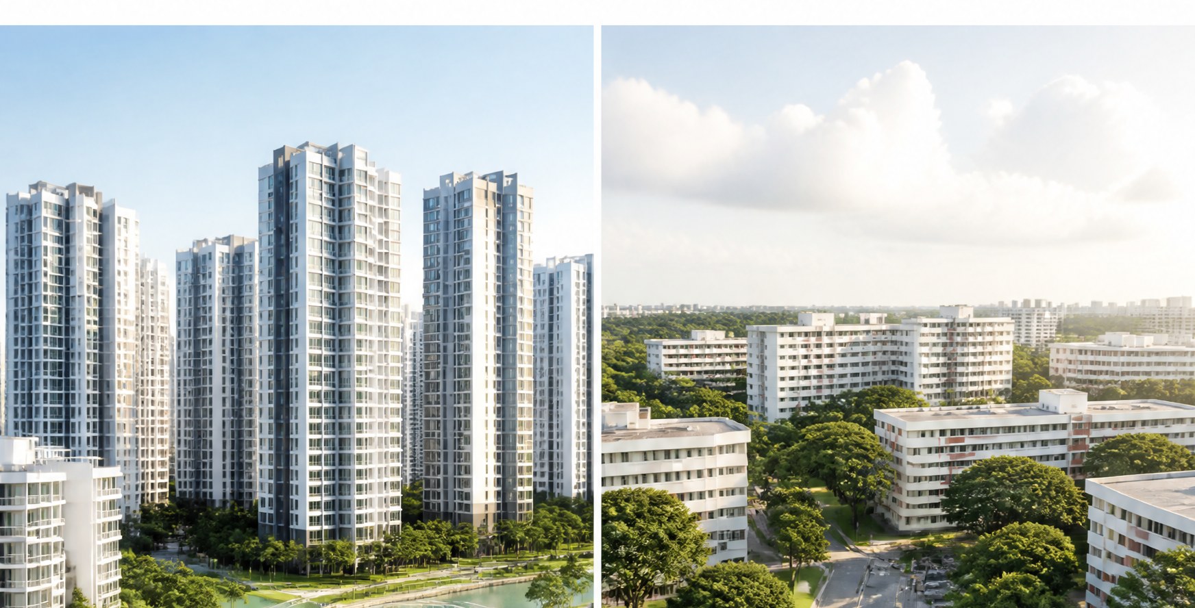Split comparison of a newer waterfront condo-style estate and a mature low-rise HDB estate