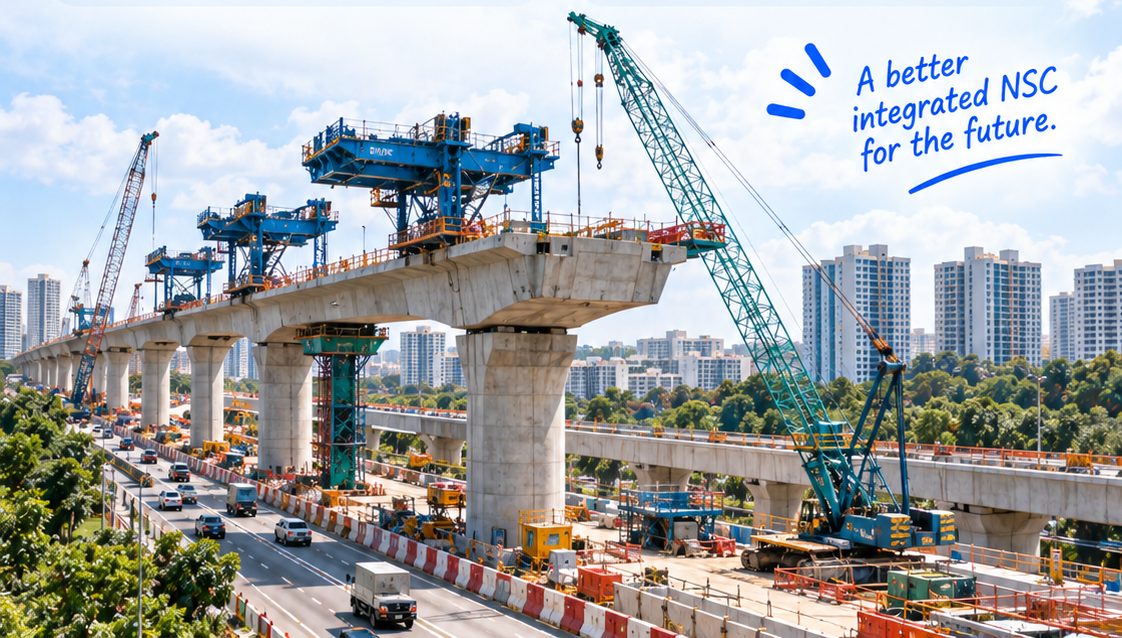 Cranes lifting viaduct segments into place over the expressway