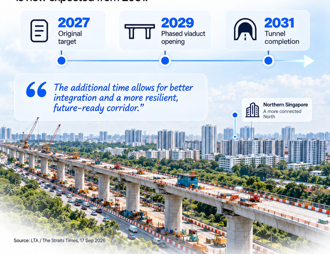 The North-South Corridor viaduct under construction above the expressway, with the 2027, 2029 and 2031 milestones