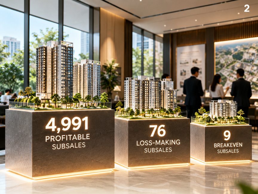 Model plinths showing 4,991 profitable and 76 loss-making condo subsales