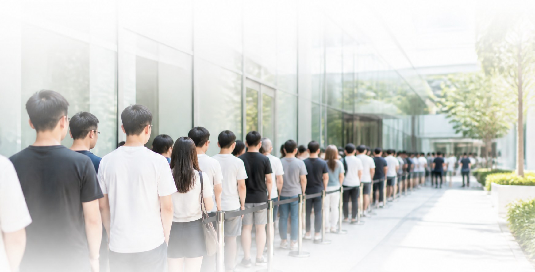 A long line of people queuing outside a glass building behind rope barriers