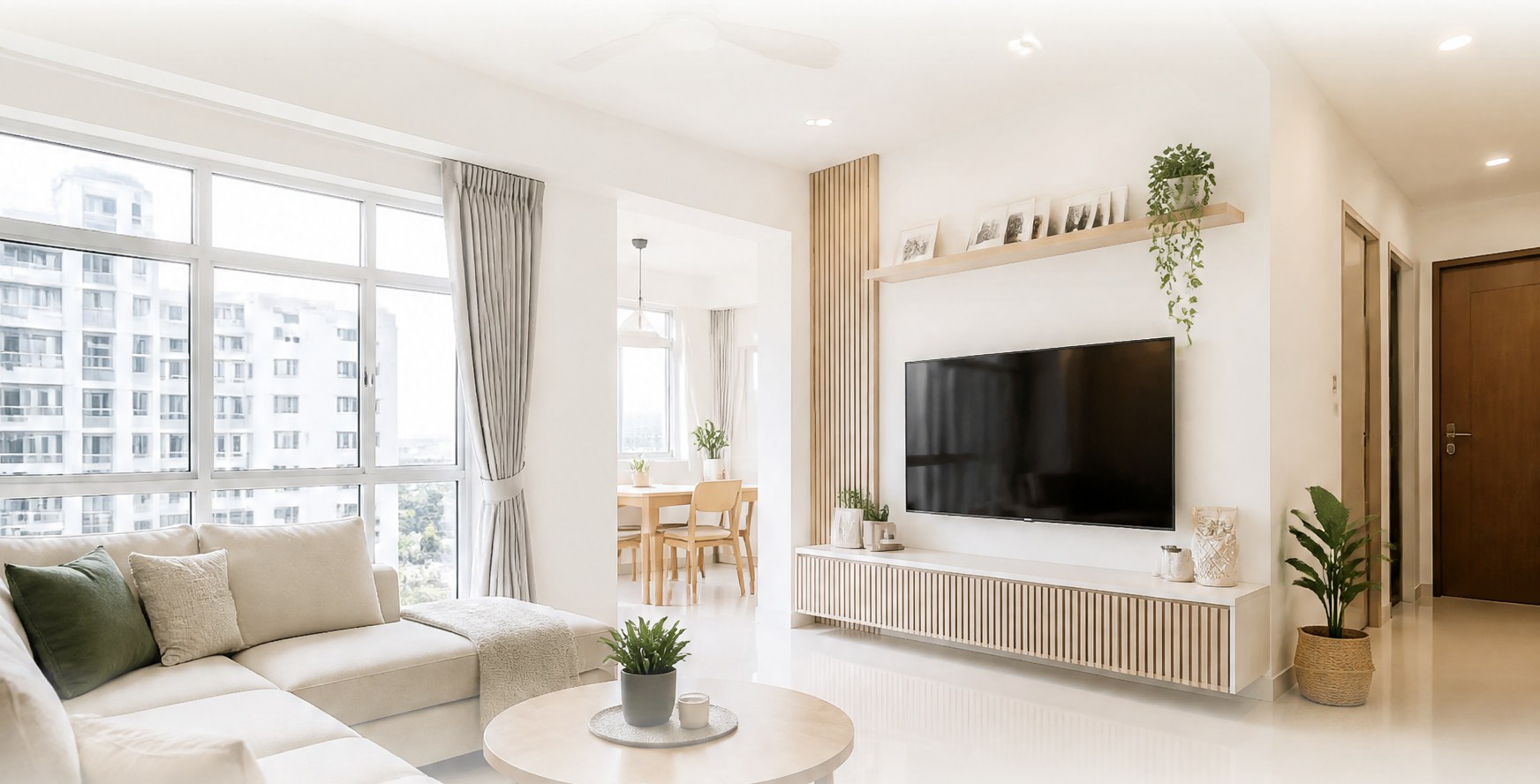 A clean, staged modern HDB living room interior