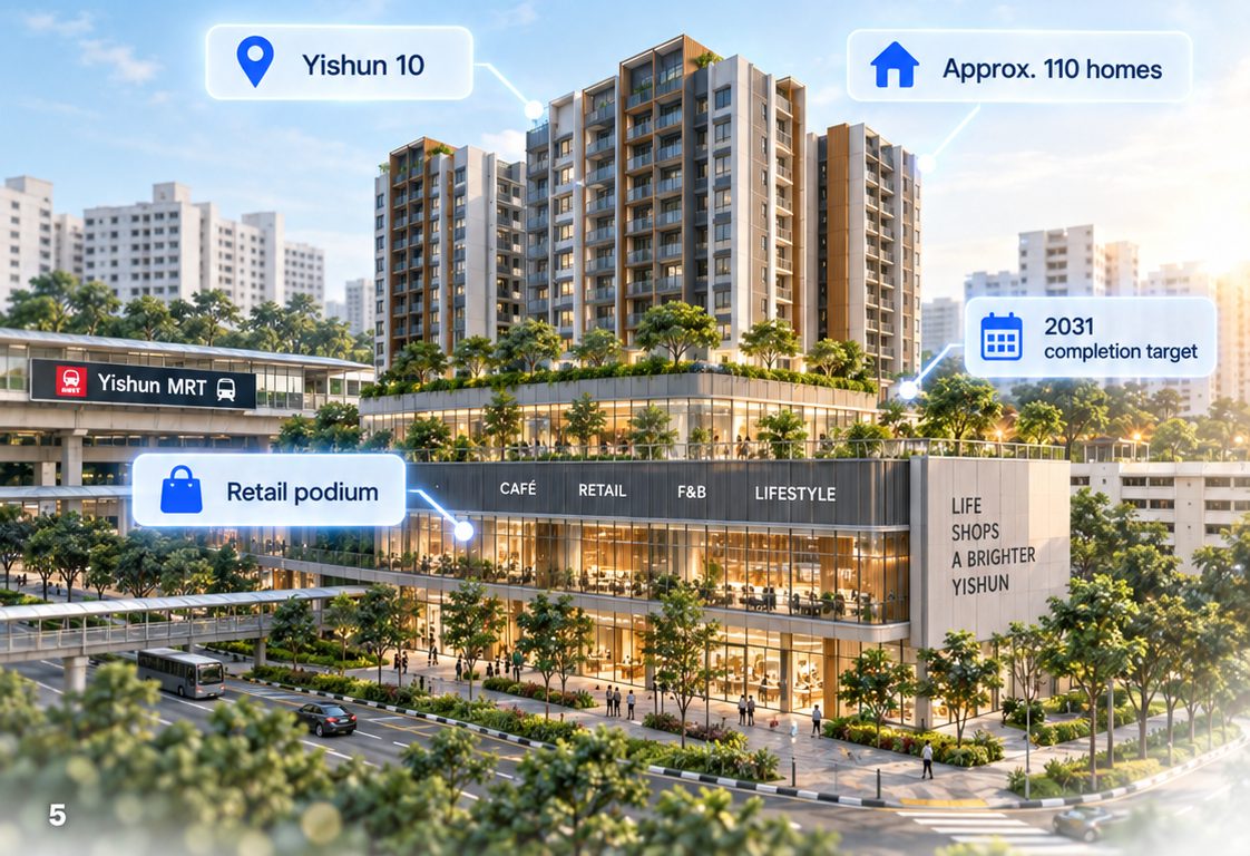 Render of the Yishun 10 redevelopment showing homes above a retail podium next to Yishun MRT